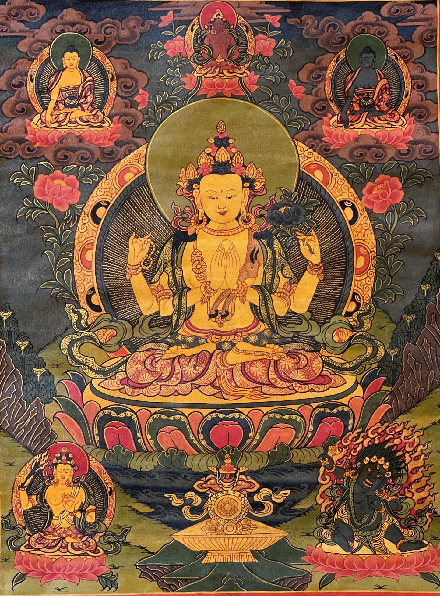 Hand-Painted Chenrezig Thangka: Tibetan Compassion Buddha Canvas Art