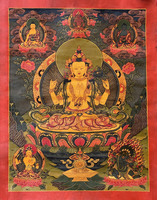 Hand-Painted Chenrezig Thangka: Tibetan Compassion Buddha Canvas Art