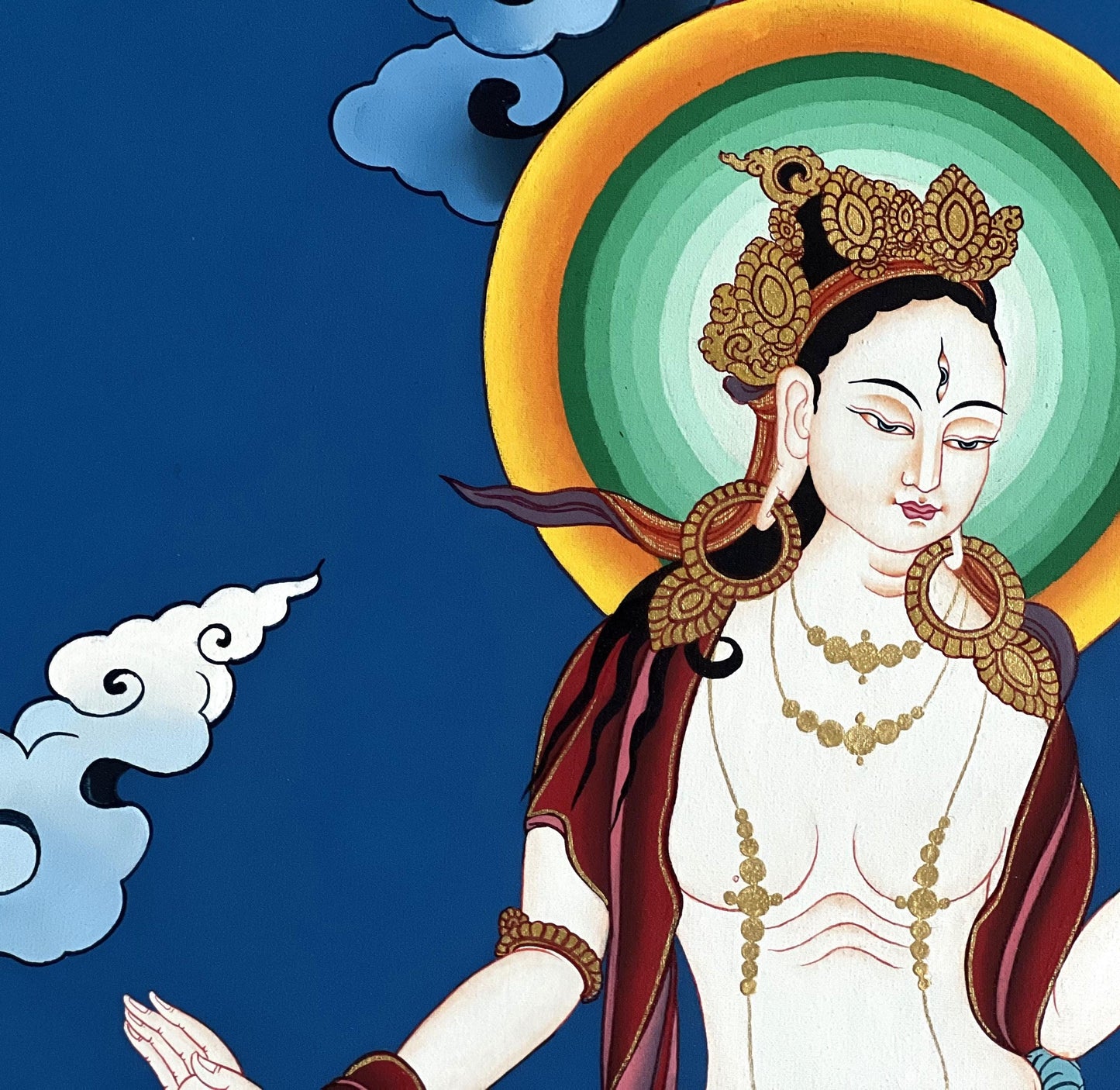 Hand-Painted Standing White Tara Thangka | Tibetan Goddess of Compassion Art
