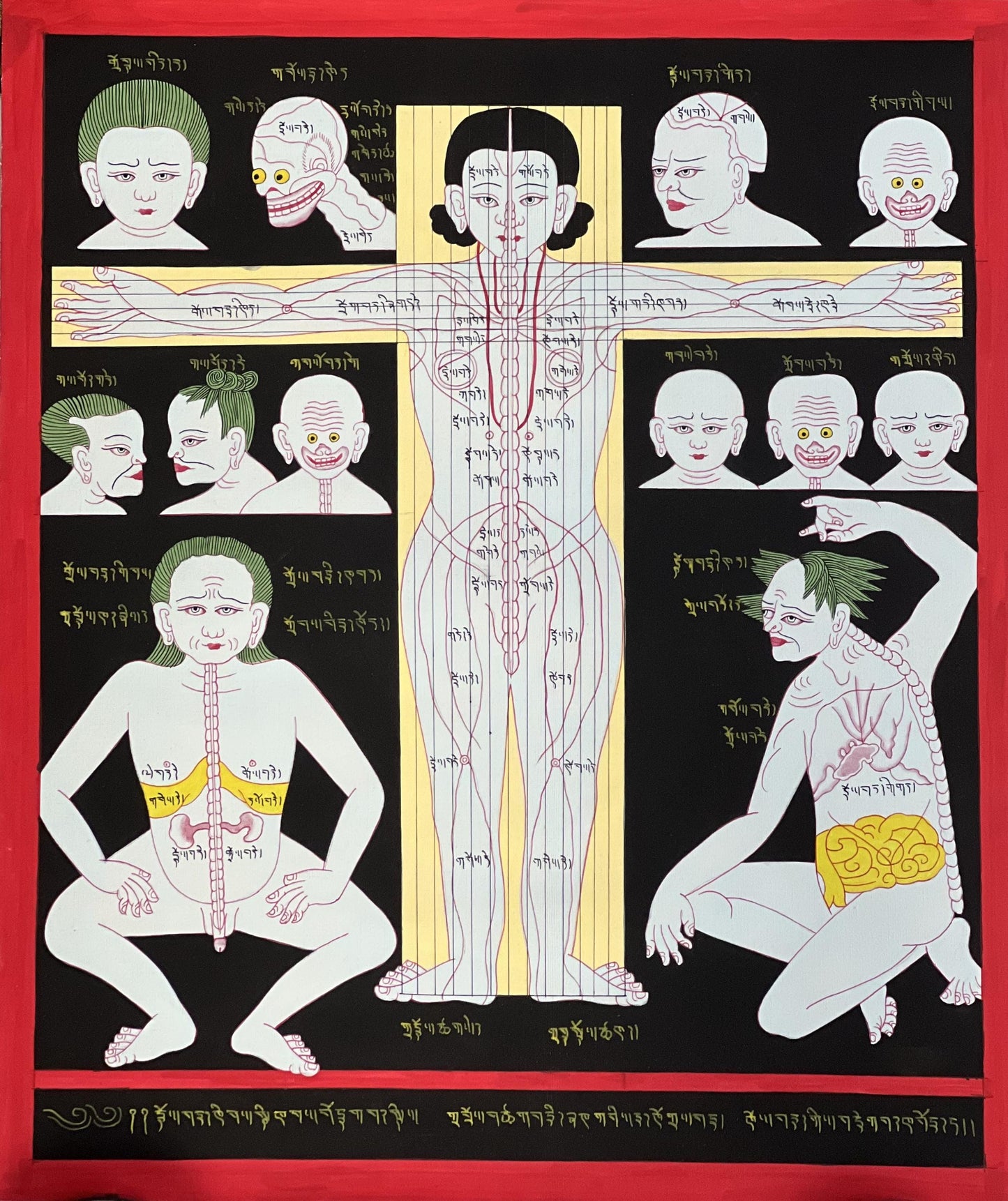 Hand Painted Tibetan Medicine Anatomy Thangka | Cranial Circulation Buddhist Healing Art