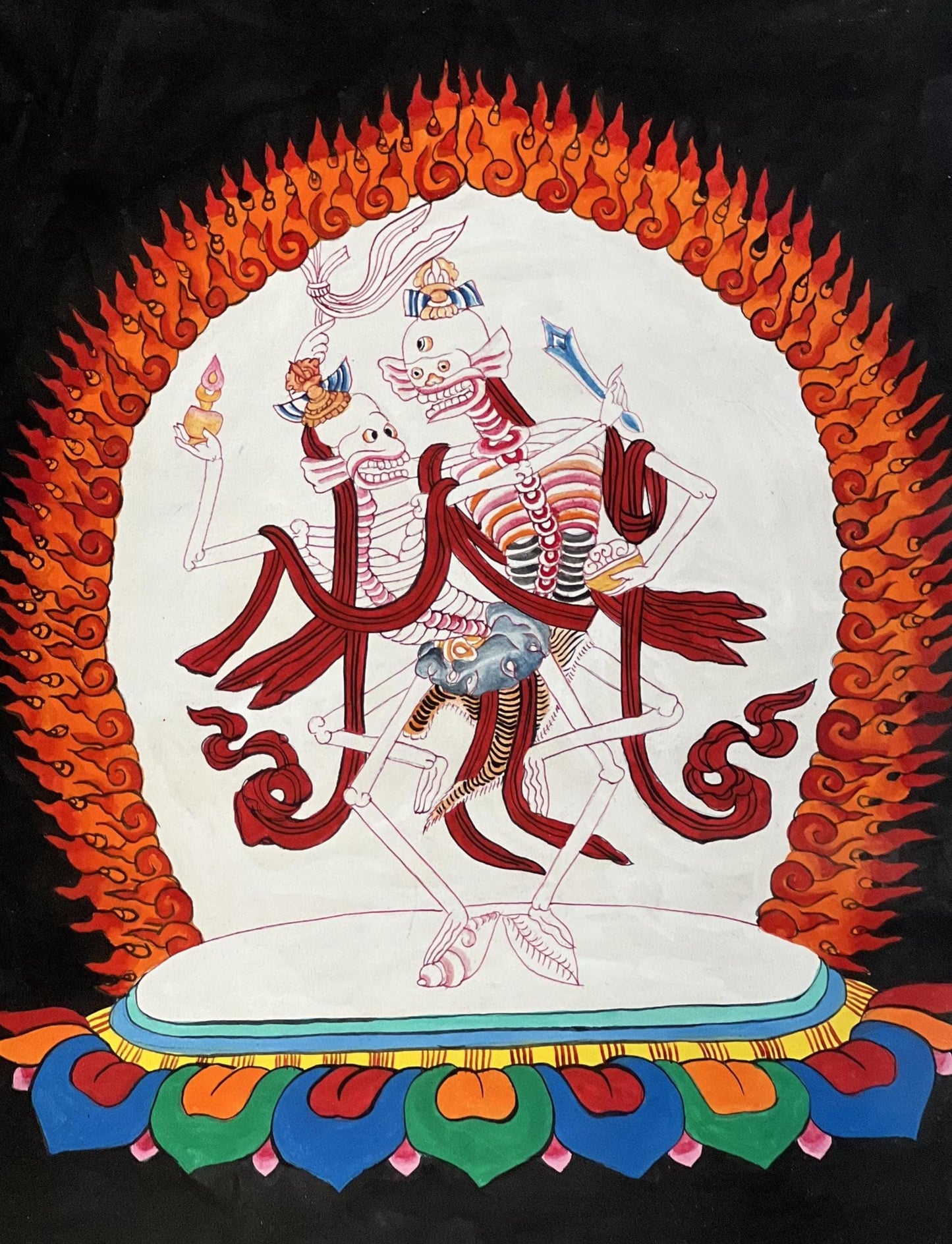 Citipati Dancing Skeletons Thangka | Hand-Painted Tibetan Charnel Ground Protector Art with Silk Brocade