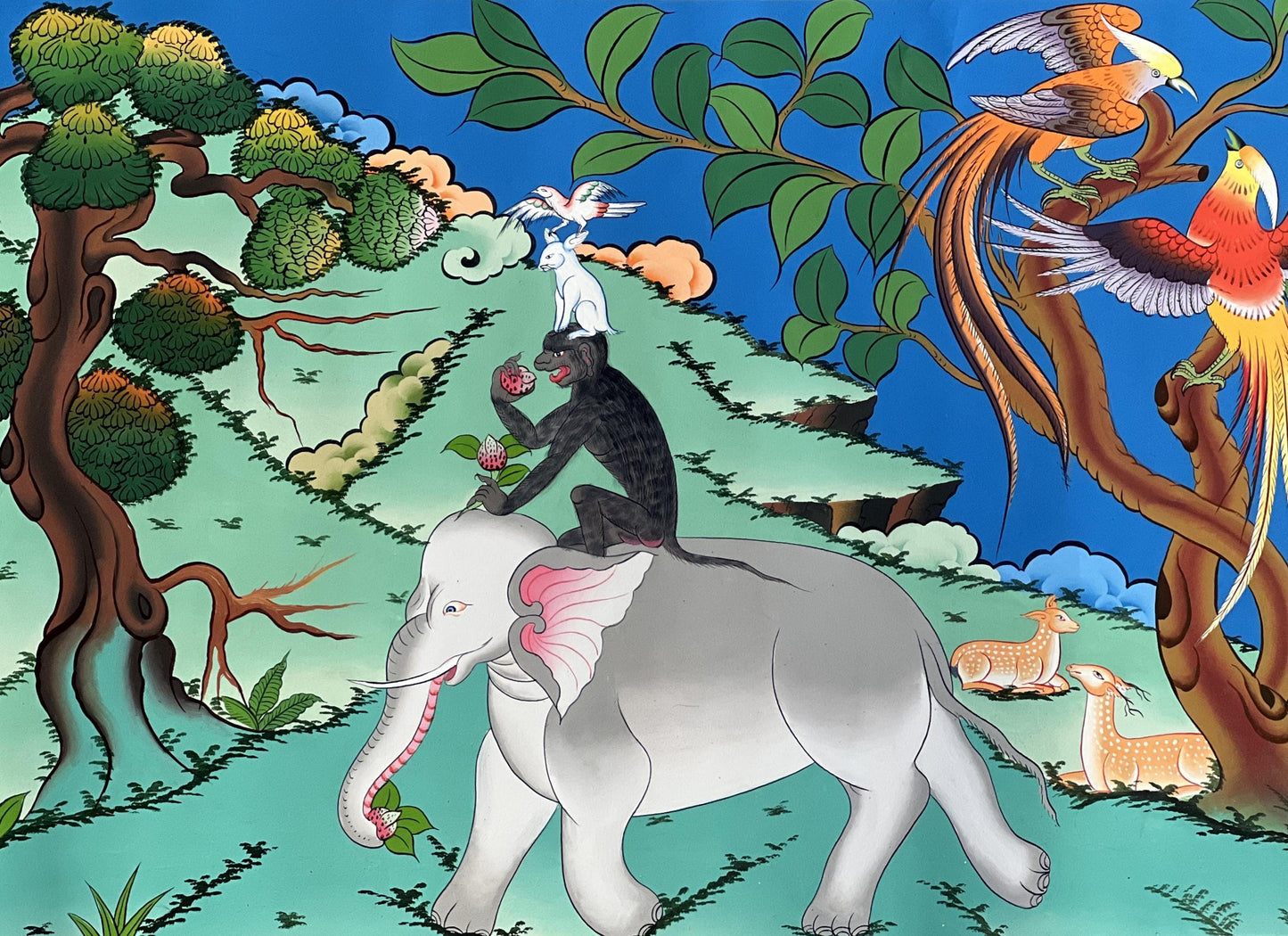 Hand-Painted Four Friends Thangka – Tibetan Good Luck Art (21x32 in)
