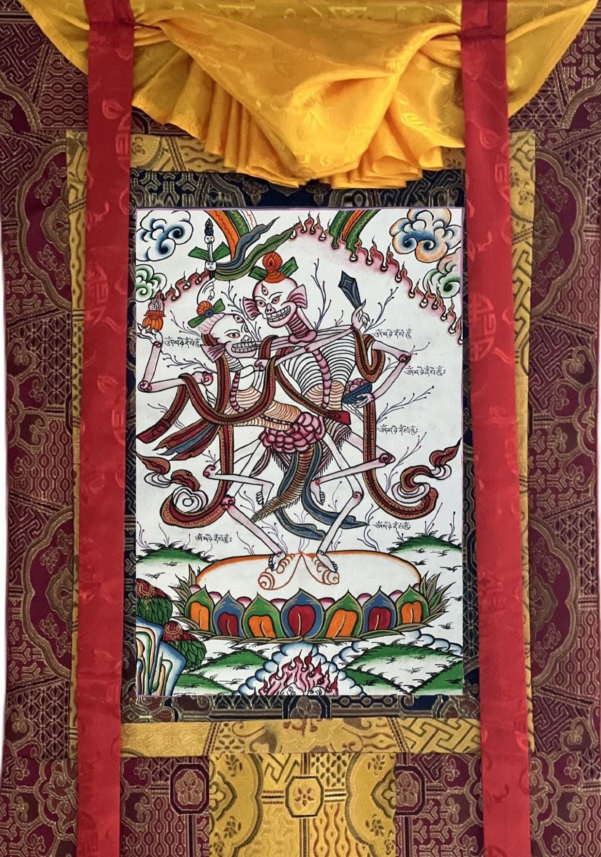 Hand-Painted Tibetan Citipati Thangka – Dancing Couple, Silk Brocade