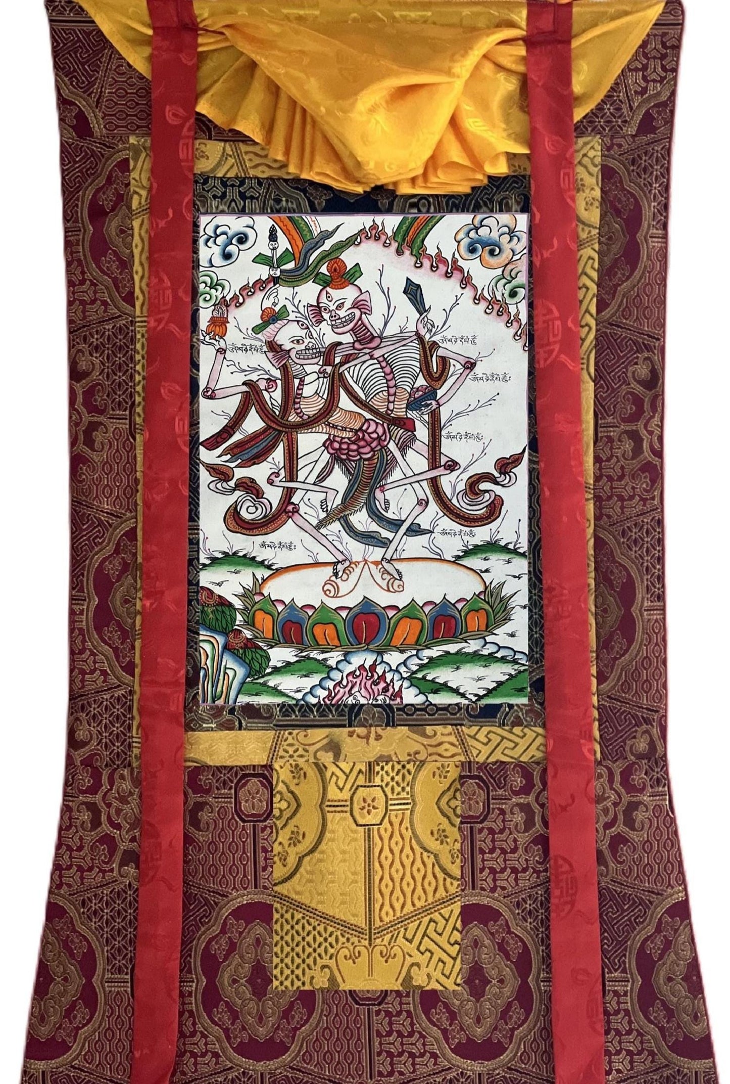 Hand-Painted Tibetan Citipati Thangka – Dancing Couple, Silk Brocade