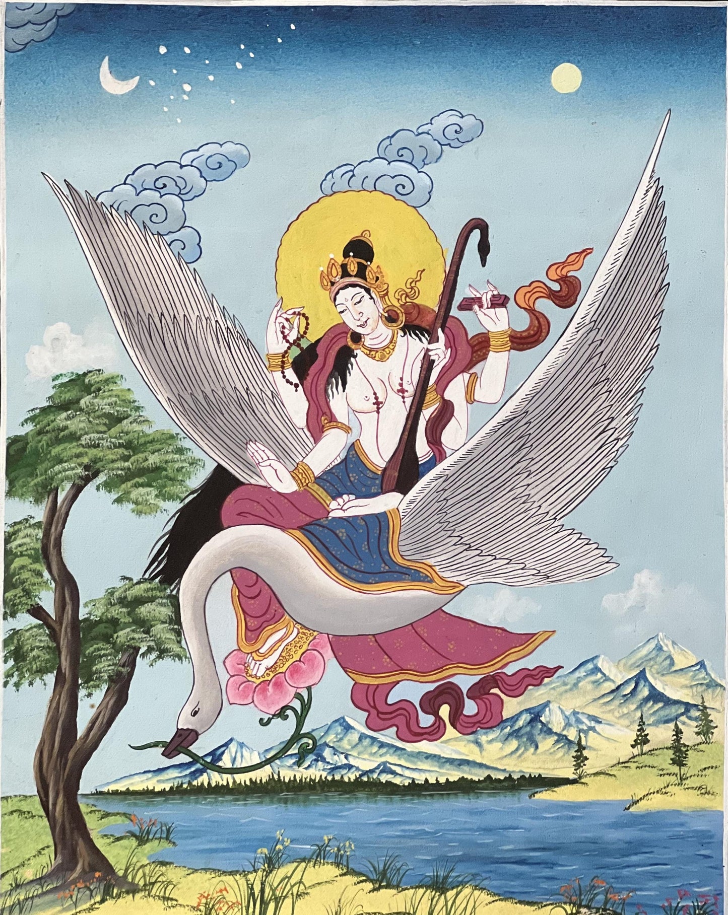 Hand-Painted Saraswati Thangka | Hindu Goddess Art with Silk Brocade