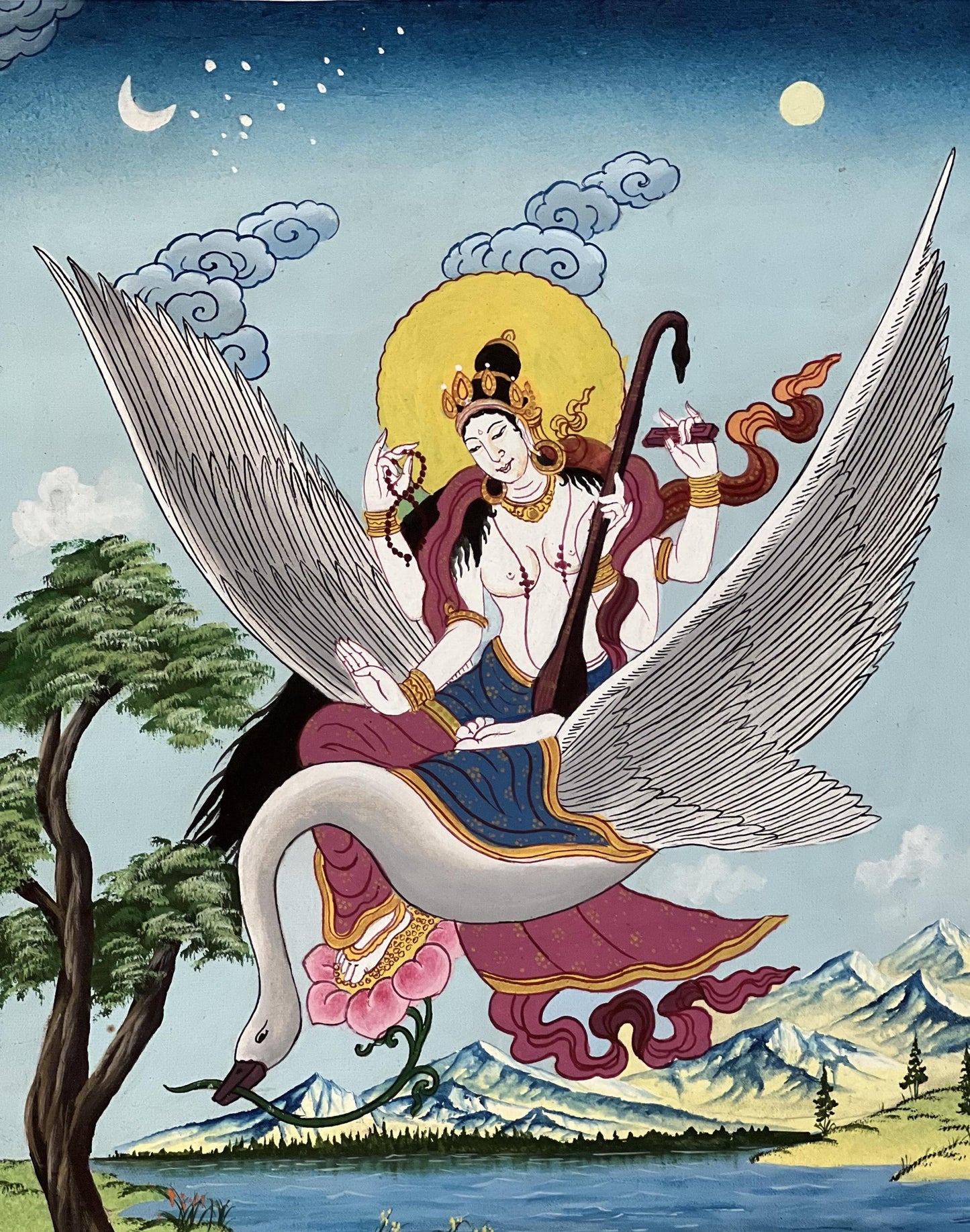 Hand-Painted Saraswati Thangka | Hindu Goddess Art with Silk Brocade