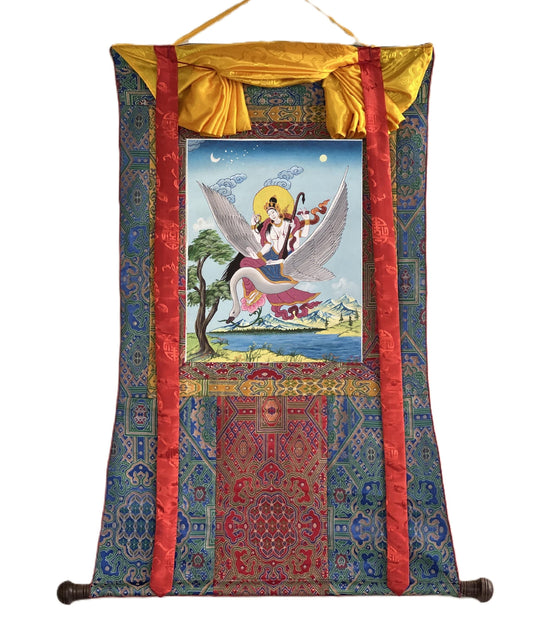 Hand-Painted Saraswati Thangka | Hindu Goddess Art with Silk Brocade