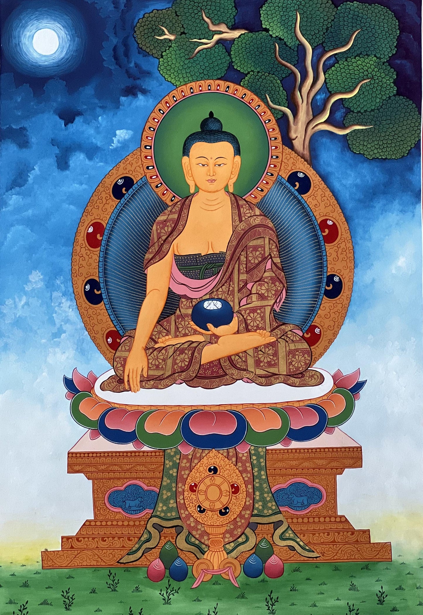 Shakyamuni Buddha Thangka | Hand-Painted Tibetan Enlightenment Art with Silk Brocade