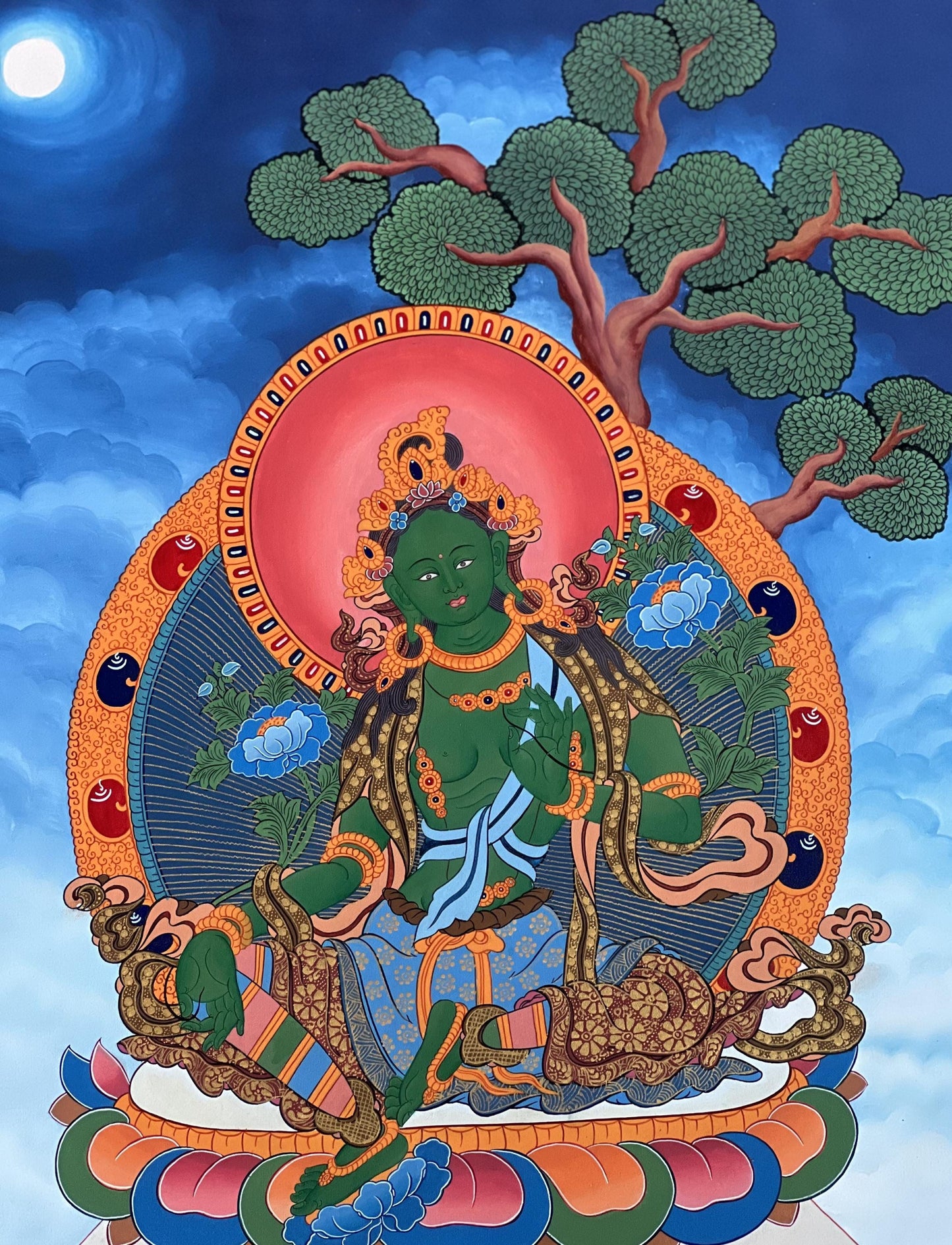 Green Tara Thangka Painting - Hand-Painted Tibetan Wall Art (20" x 30")