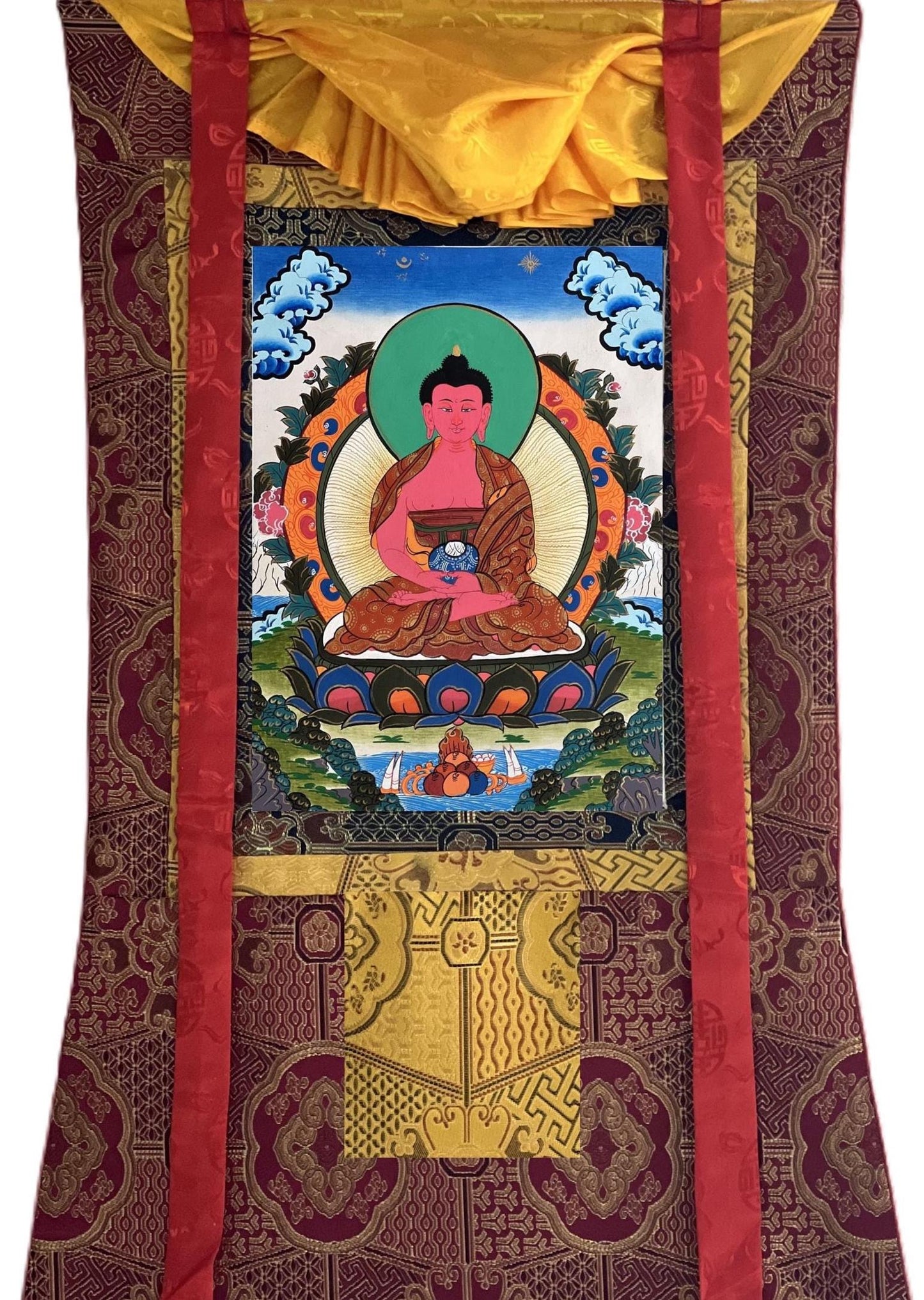 Hand-Painted Amitabha Buddha Thangka with Silk Brocade