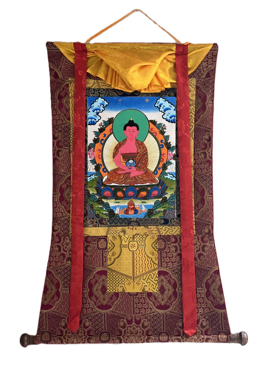 Hand-Painted Amitabha Buddha Thangka with Silk Brocade