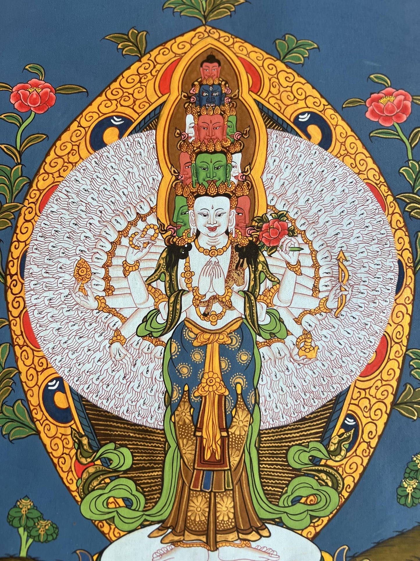 Hand-painted Avalokiteshvara Thangka with Silk Brocade