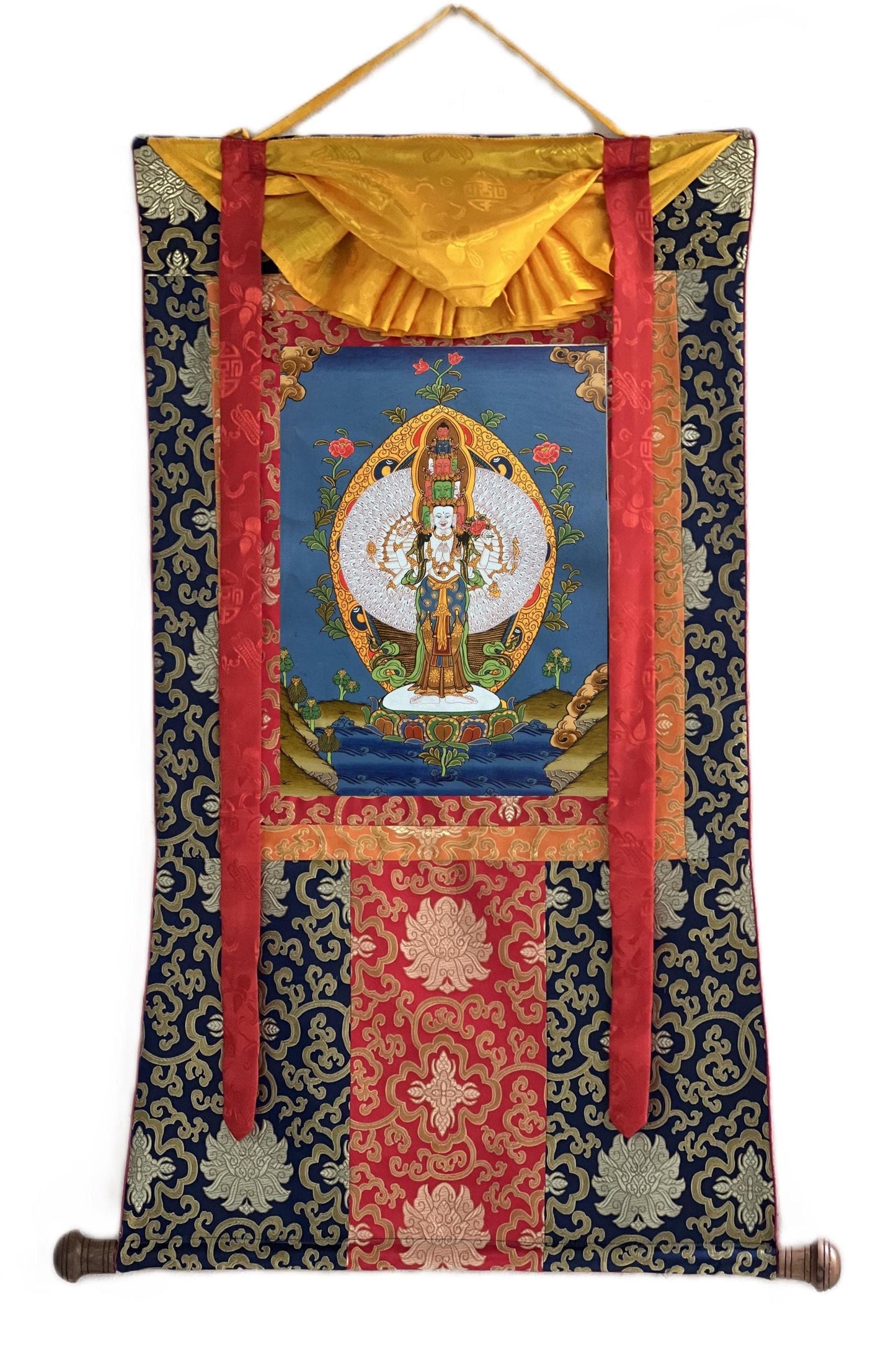 Hand-painted Avalokiteshvara Thangka with Silk Brocade