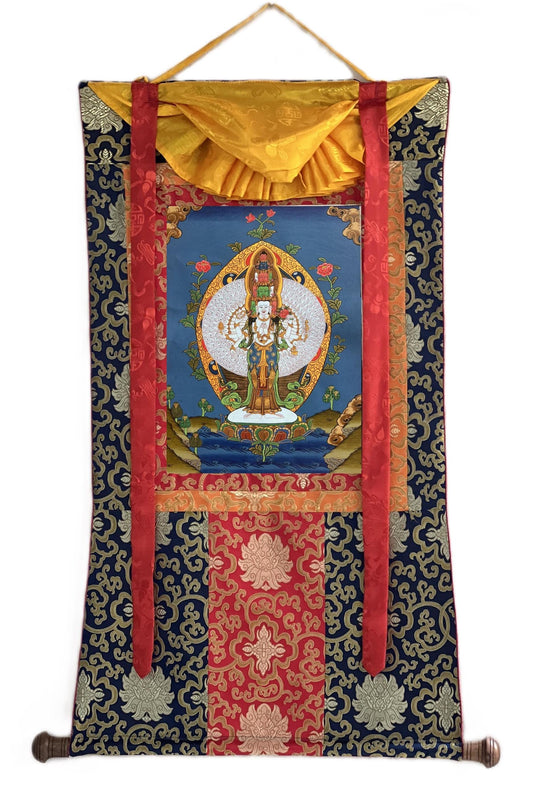Hand-painted Avalokiteshvara Thangka with Silk Brocade