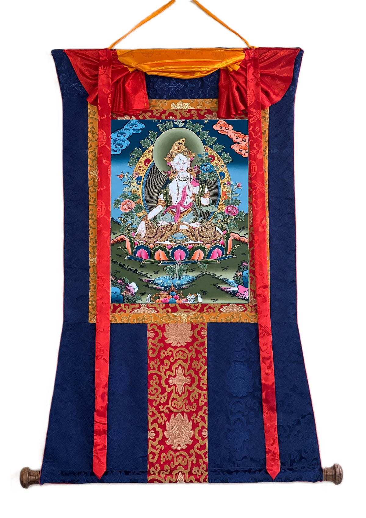 White Tara Thangka Painting with Silk Brocade, Tibetan Meditation Art