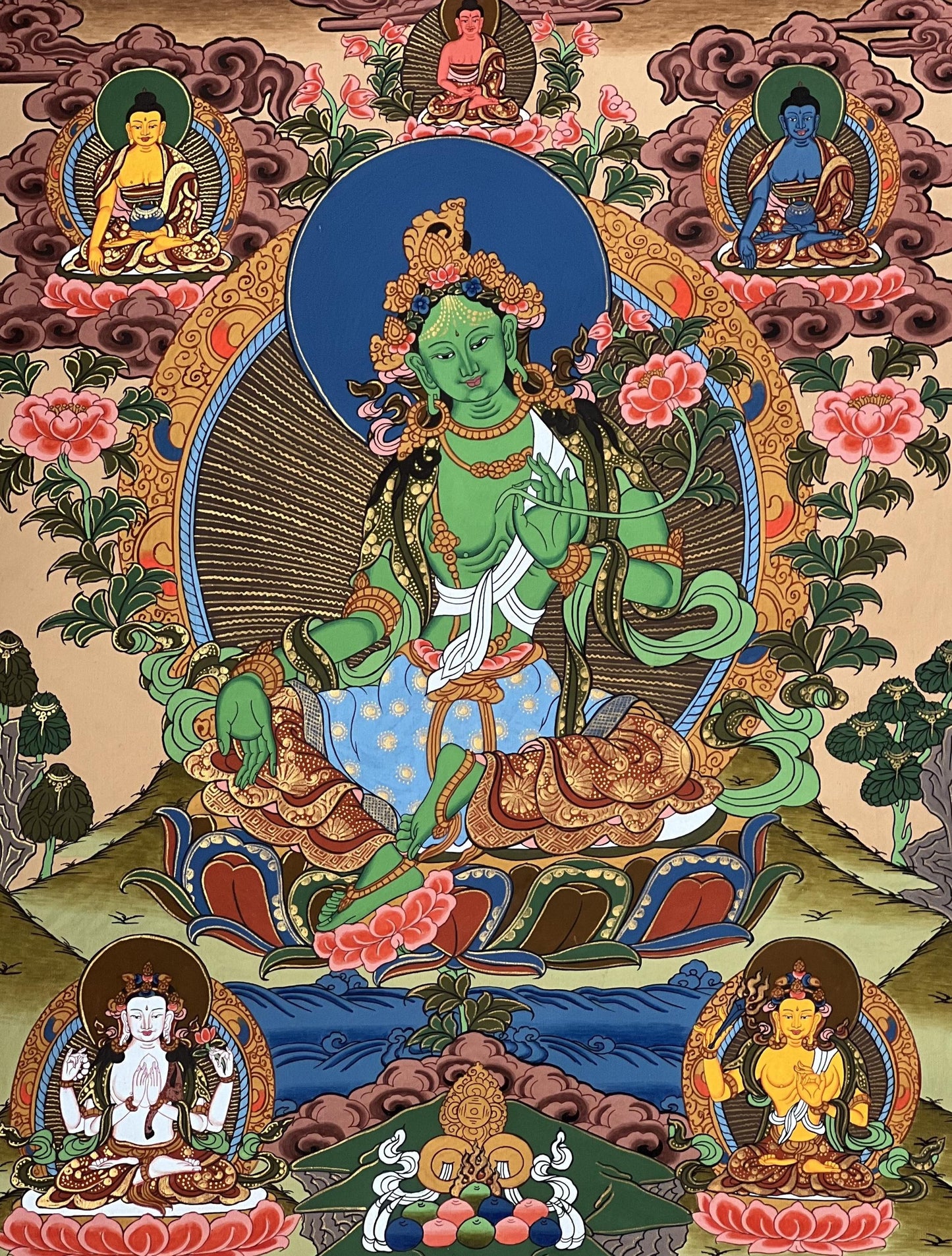 Hand-Painted Green Tara Thangka Painting, Tibetan Buddhist Art