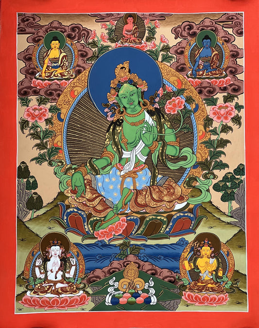 Hand-Painted Green Tara Thangka Painting, Tibetan Buddhist Art