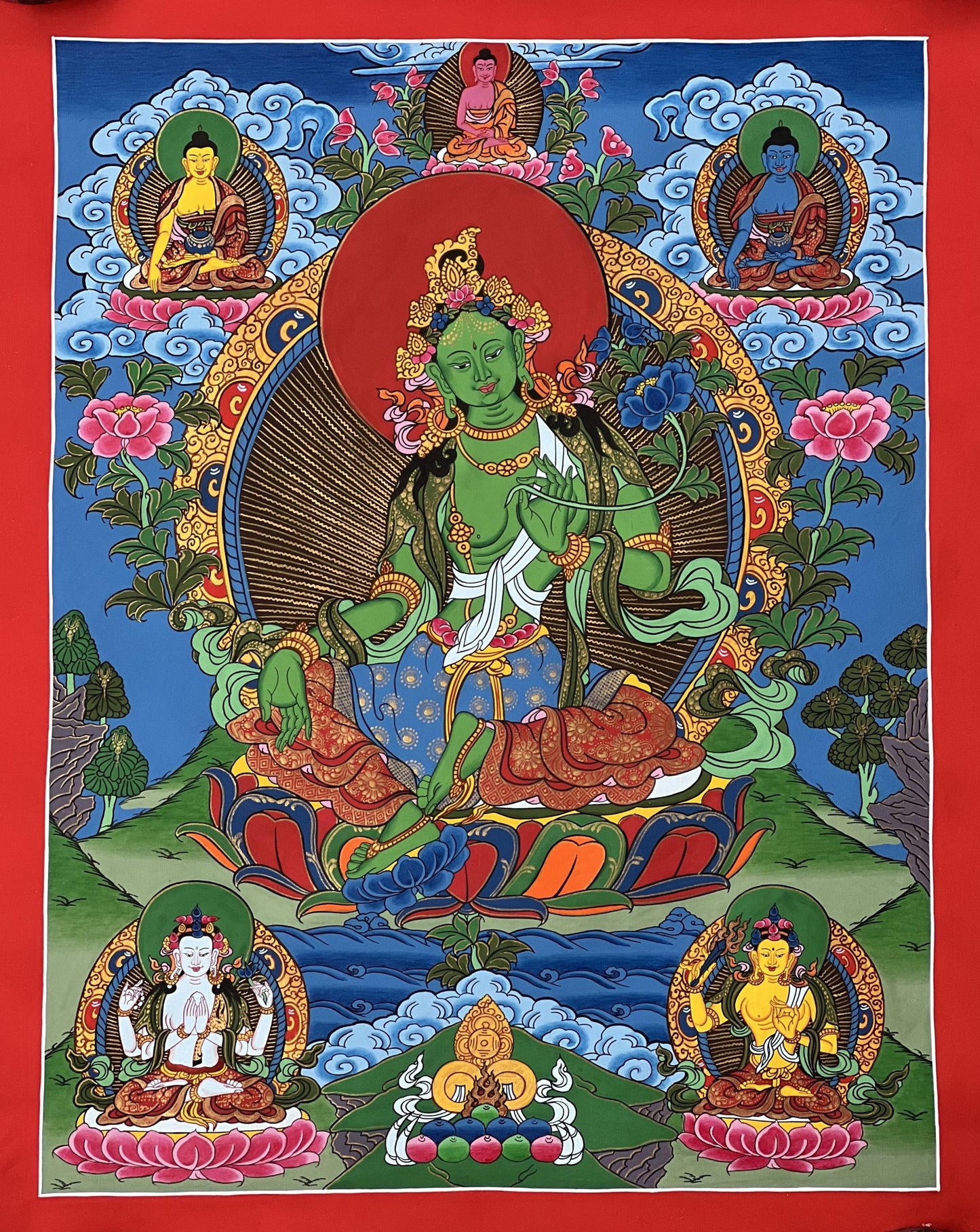 Hand-Painted Green Tara Thangka, Tibetan Buddhist Art, Fortune Goddess (15x20)