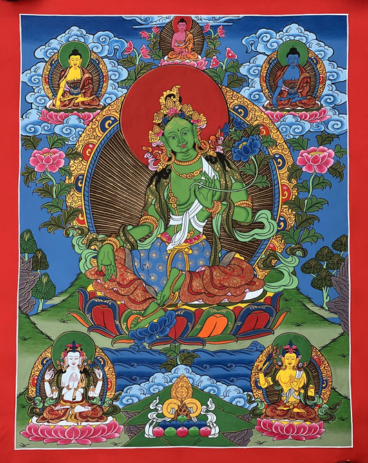 Hand-Painted Green Tara Thangka, Tibetan Buddhist Art, Fortune Goddess (15x20)