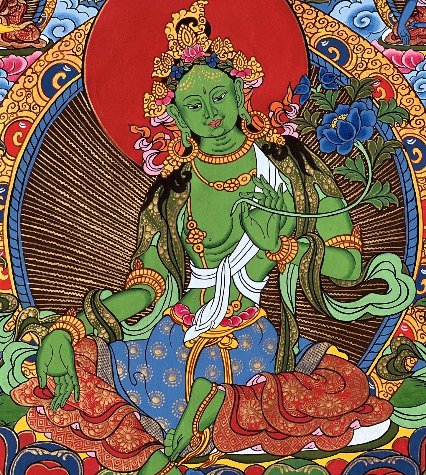 Green Tara Thangka with Buddhas & Bodhisattvas | Hand-Painted Tibetan Silk Brocade Art