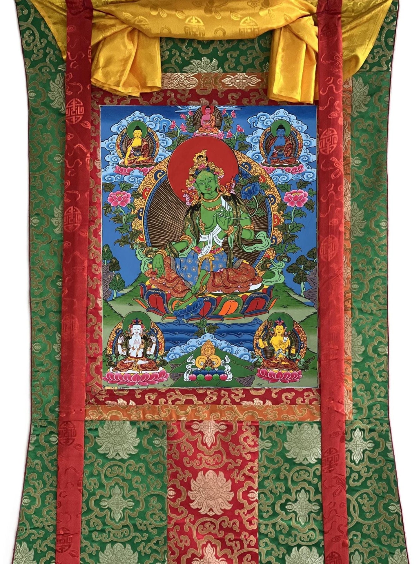 Hand-Painted Green Tara Thangka, Silk Brocade, Tibetan Art