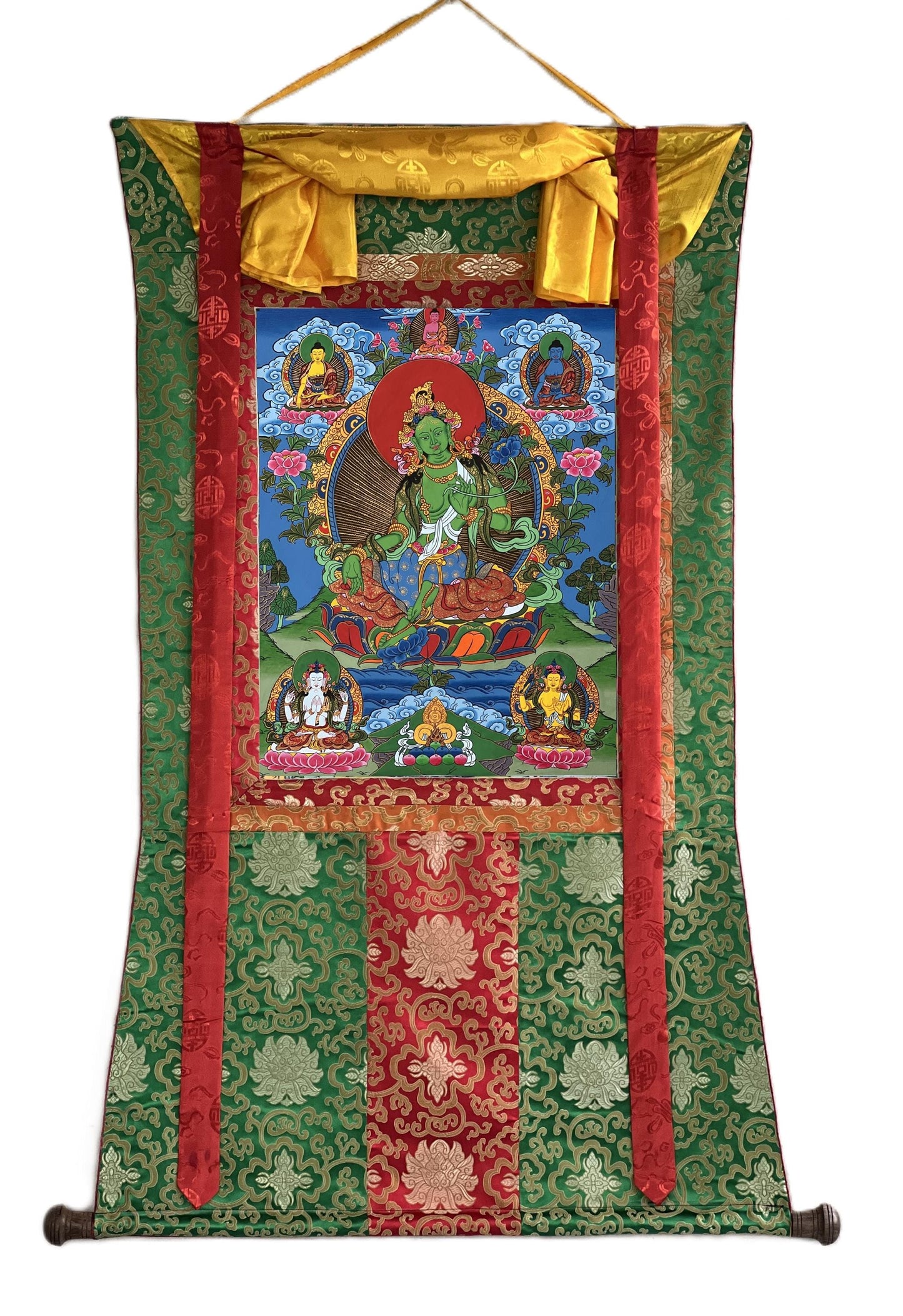 Hand-Painted Green Tara Thangka, Silk Brocade, Tibetan Art
