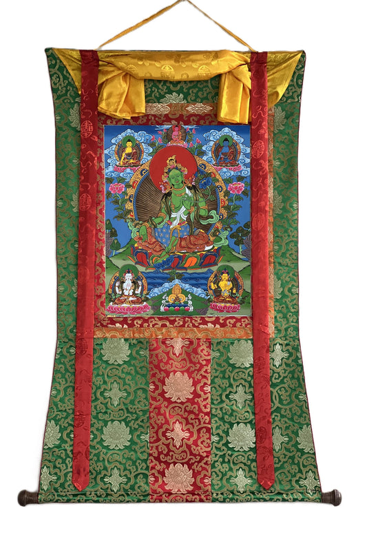Hand-Painted Green Tara Thangka, Silk Brocade, Tibetan Art