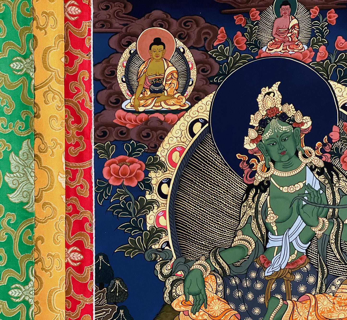 Hand-Painted Green Tara Thangka – Tibetan Buddhist Art with Silk Brocade