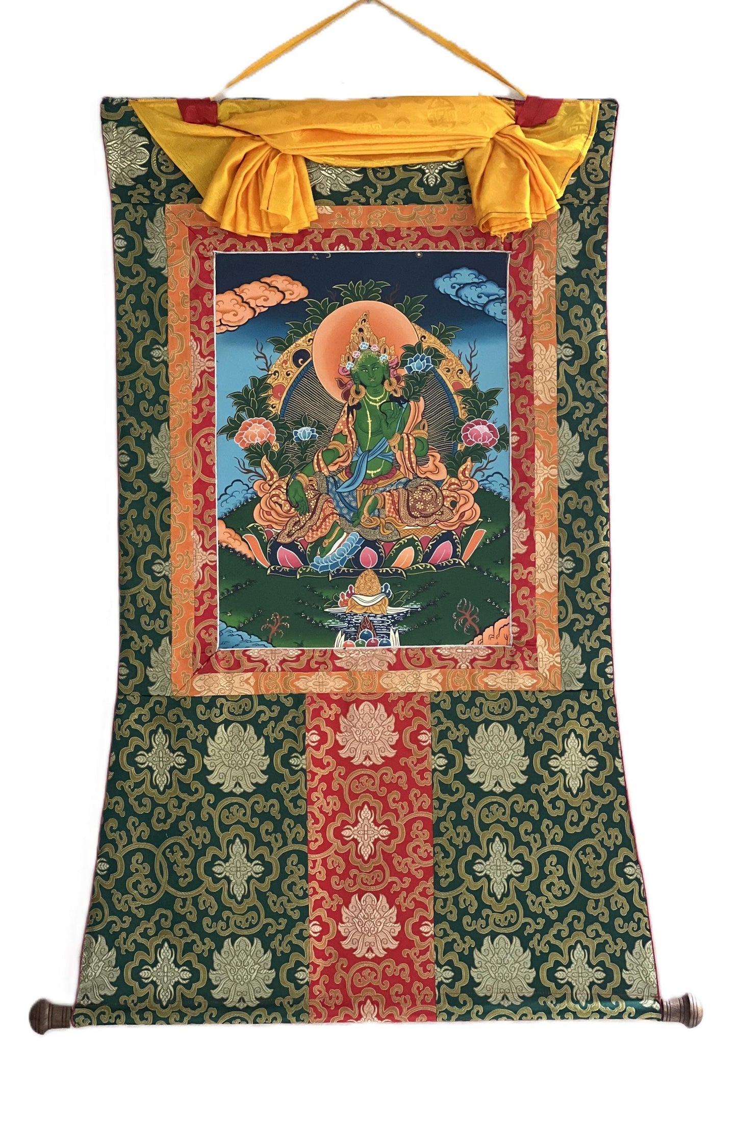 Hand-Painted Green Tara Thangka – Tibetan Silk Brocade Wall Art