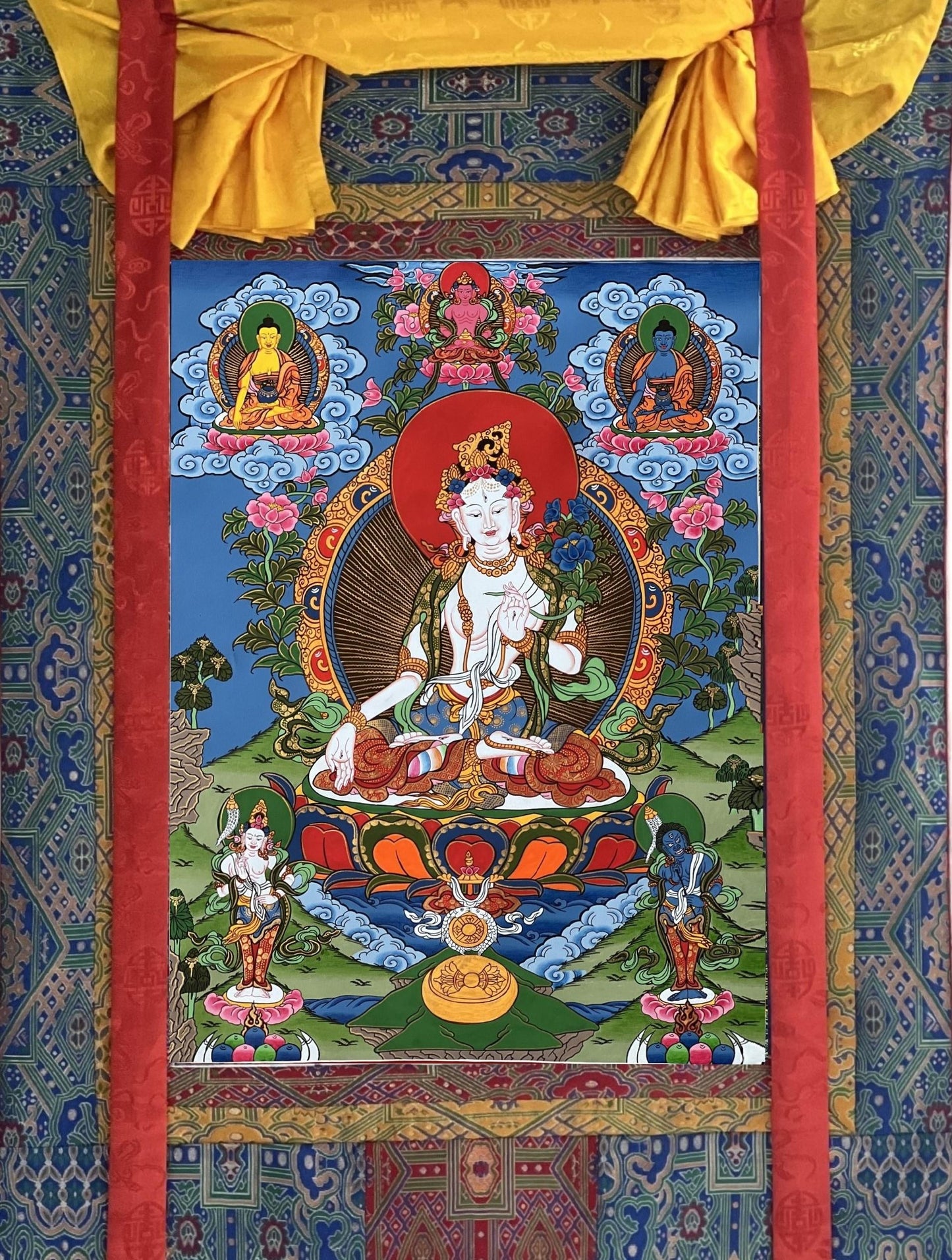 White Tara Thangka Painting with Silk Brocade - Tibetan Compassion Art