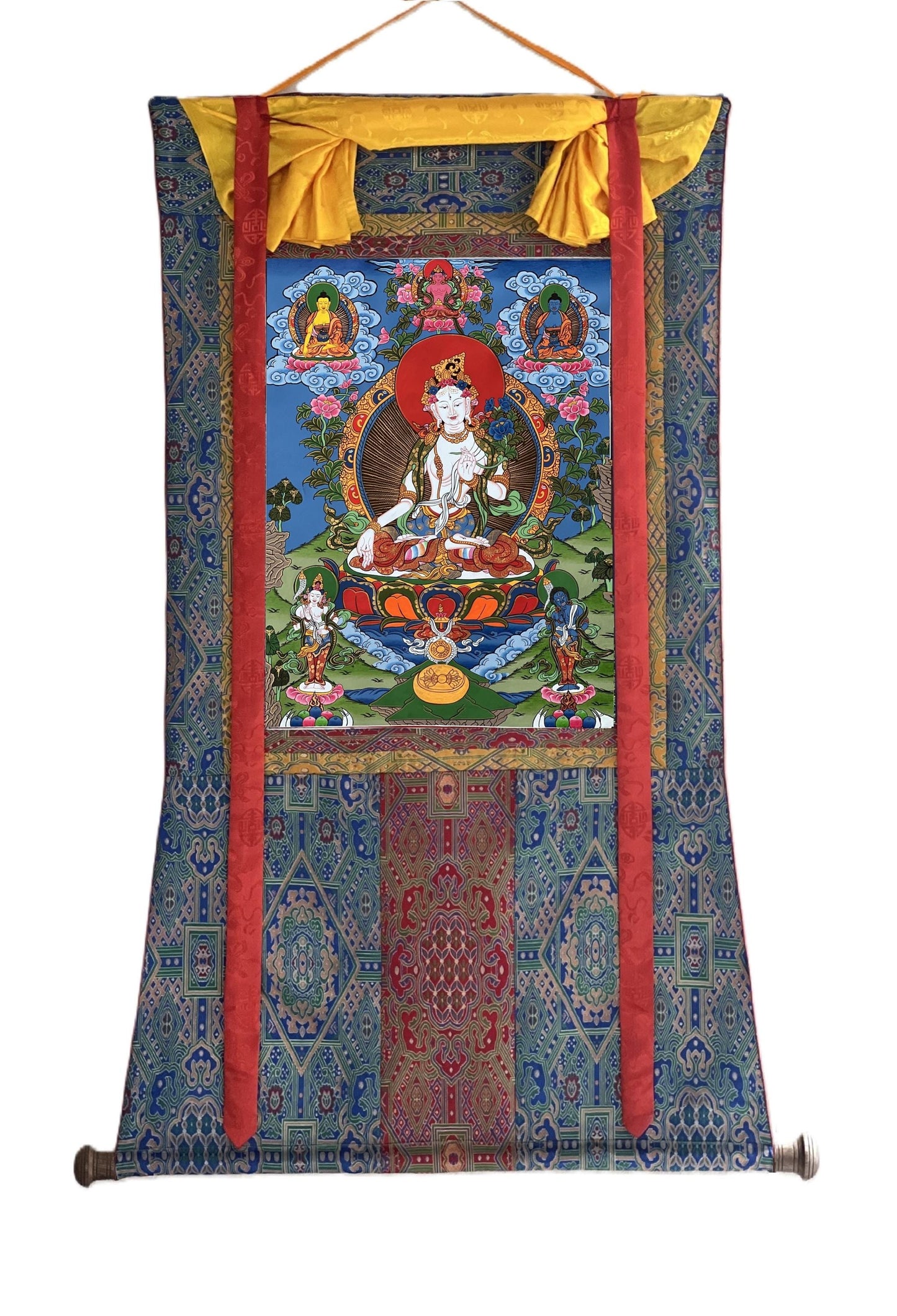 White Tara Thangka Painting with Silk Brocade - Tibetan Compassion Art