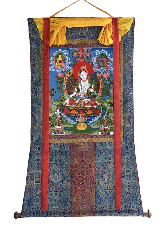 White Tara Thangka Painting with Silk Brocade - Tibetan Compassion Art