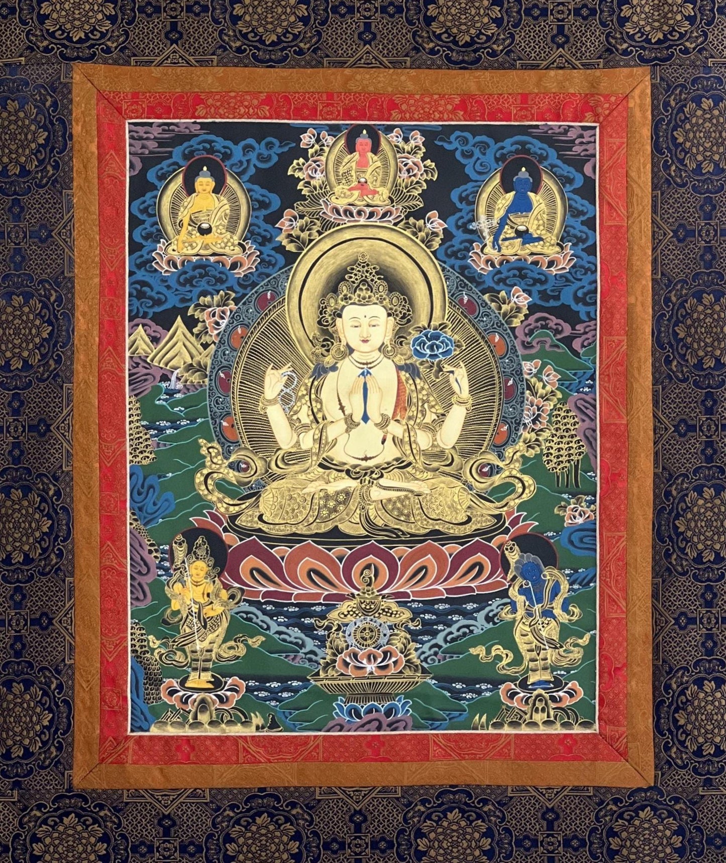 Hand-Painted Avalokiteshvara Thangka | Chenrezig Compassion Buddha | Master Quality Tibetan Meditation Art with Narrow Border
