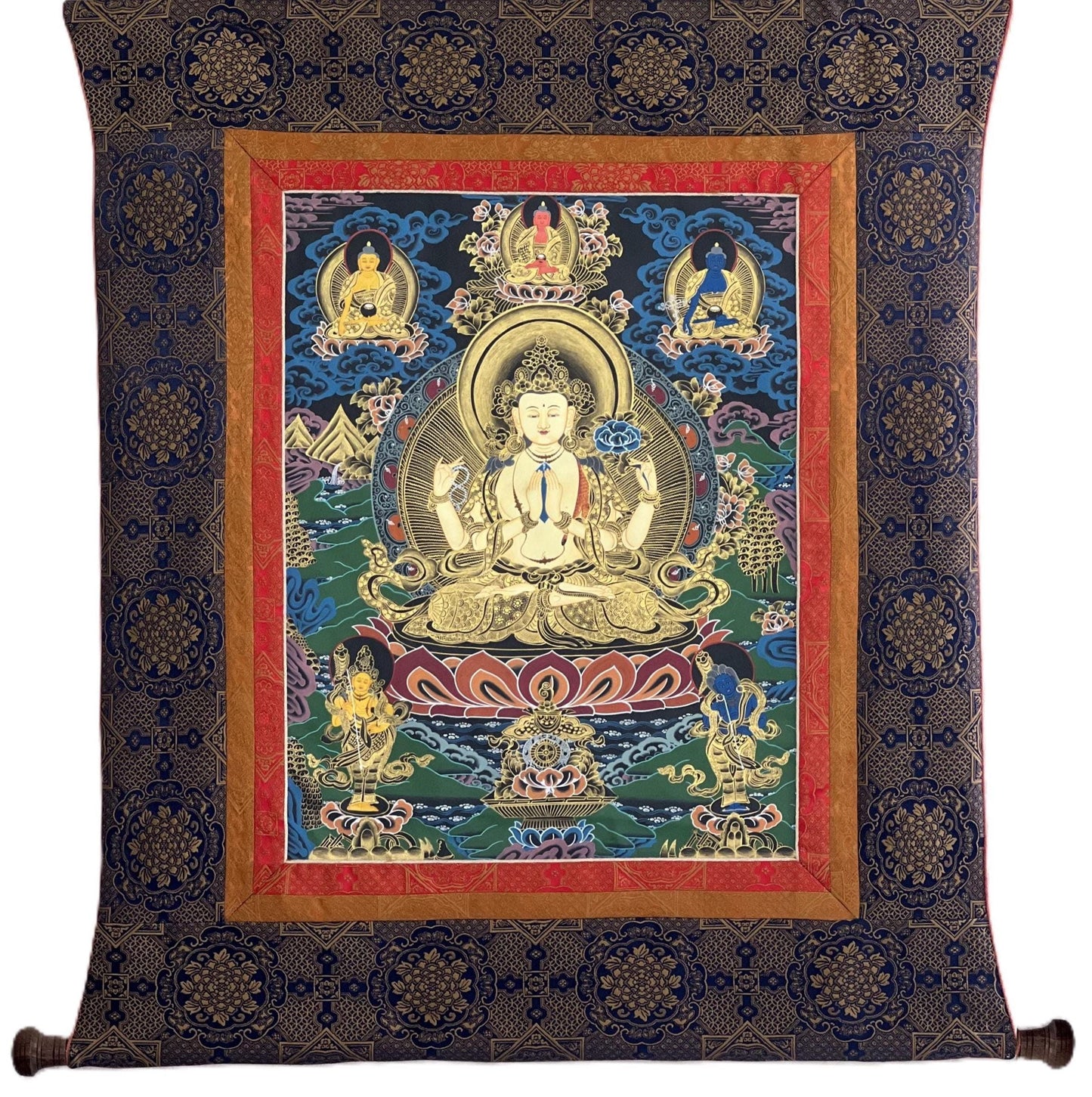 Hand-Painted Avalokiteshvara Thangka | Chenrezig Compassion Buddha | Master Quality Tibetan Meditation Art with Narrow Border