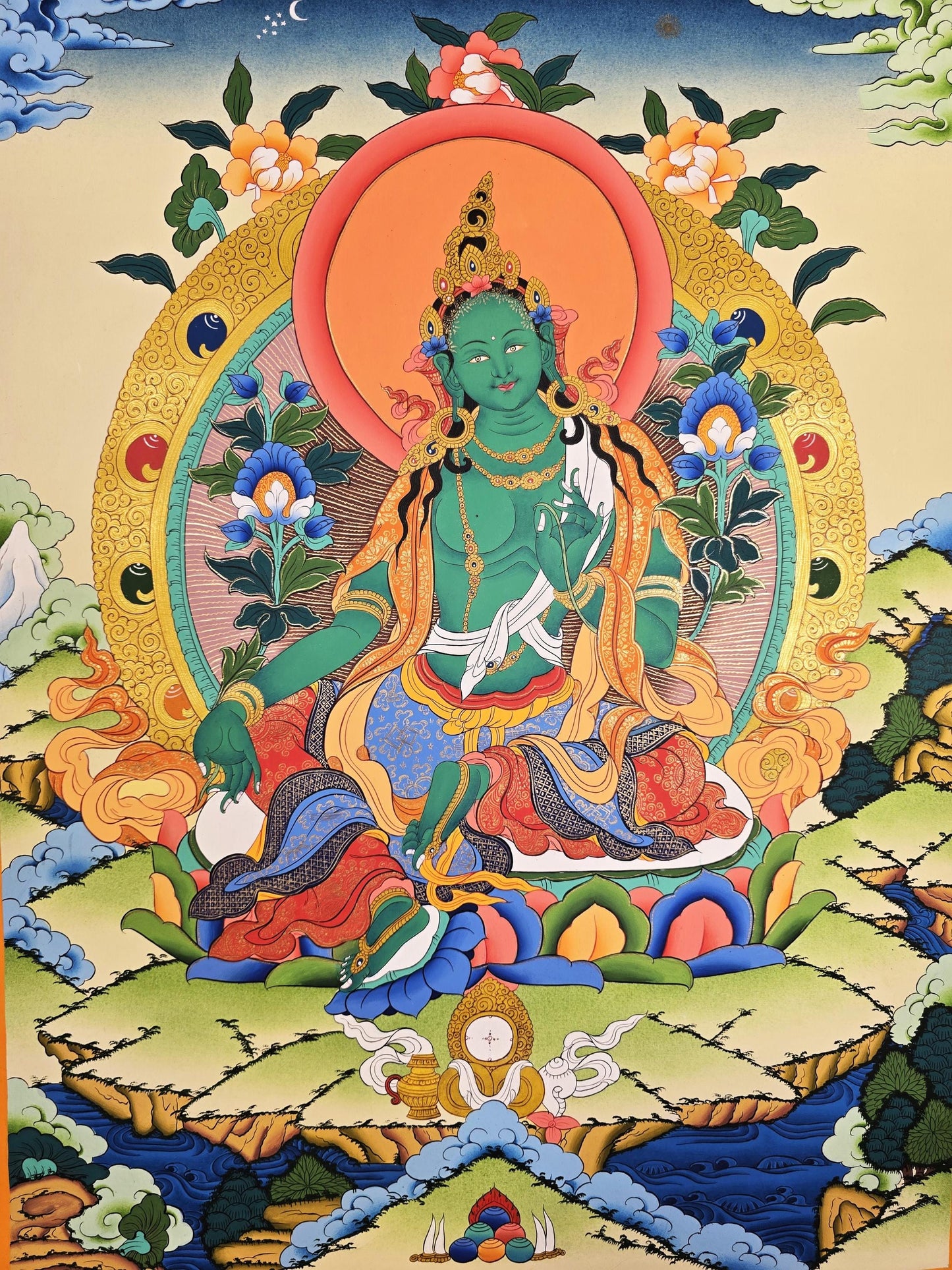Hand-Painted Green Tara Thangka – Tibetan Buddhist Wall Art