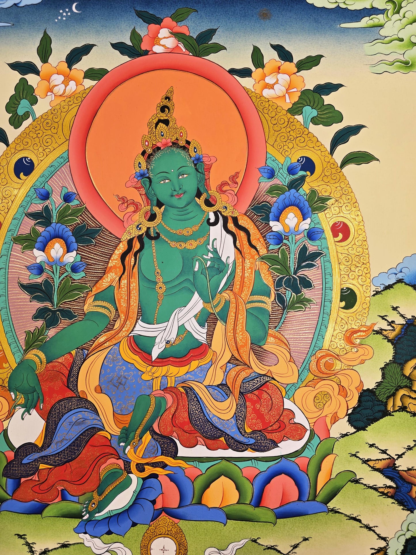 Hand-Painted Green Tara Thangka – Tibetan Buddhist Wall Art