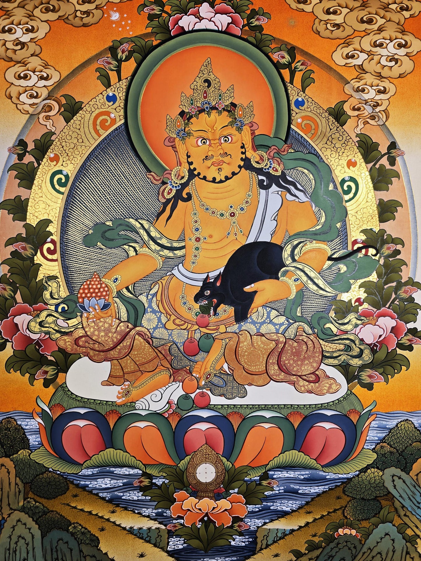 Hand-Painted Jambhala Thangka | Tibetan God of Wealth Art