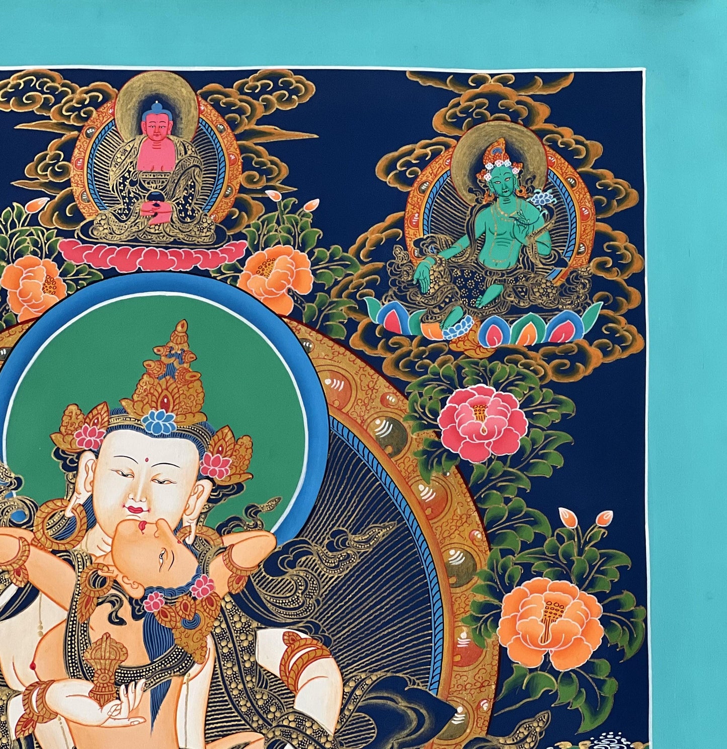 Hand-Painted Vajrasattva Shakti Thangka | Tibetan Meditation Art with Silk Brocade