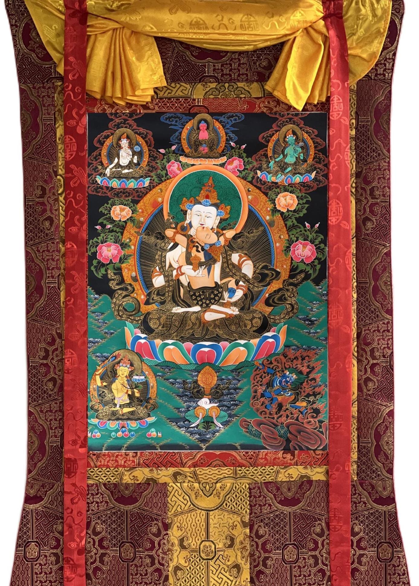 Hand-Painted Vajrasattva Thangka | Tibetan Buddha Art, Silk Brocade