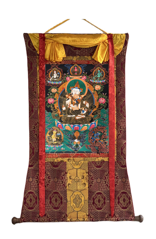 Hand-Painted Vajrasattva Thangka | Tibetan Buddha Art, Silk Brocade
