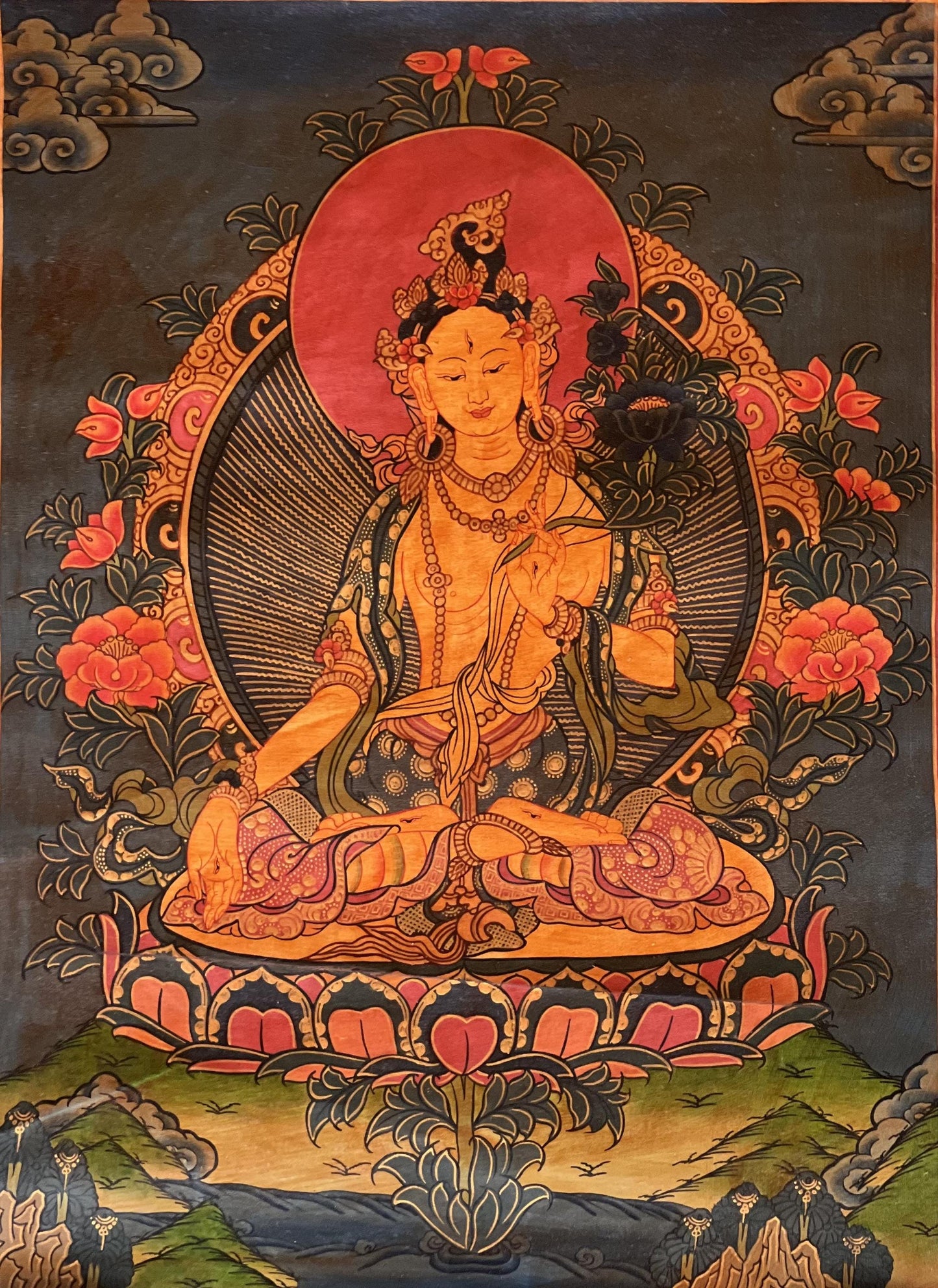 White Tara Thangka Painting, Original Oil-Varnished Tibetan Art