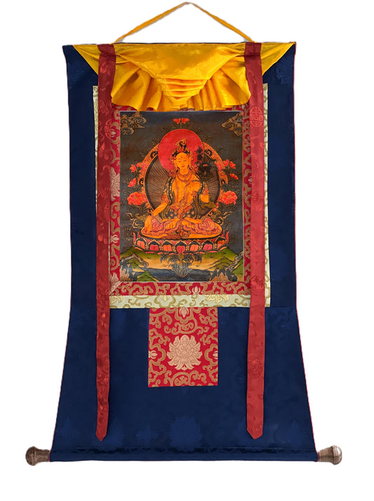 White Tara Thangka Painting, Original Oil-Varnished Tibetan Art