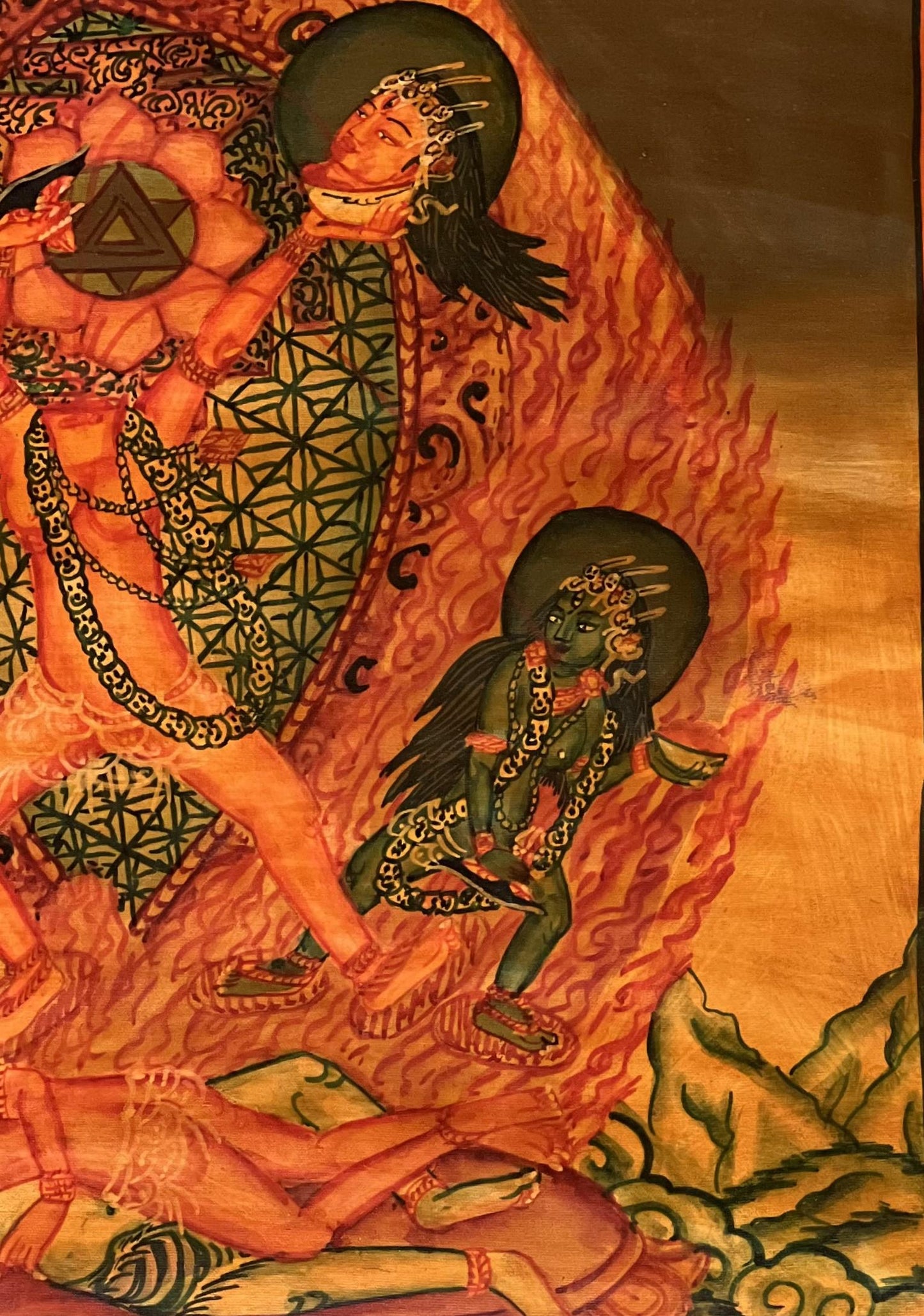 Hand-Painted Chhinnamasta Thangka | Hindu-Buddhist Tantric Art with Silk Brocade