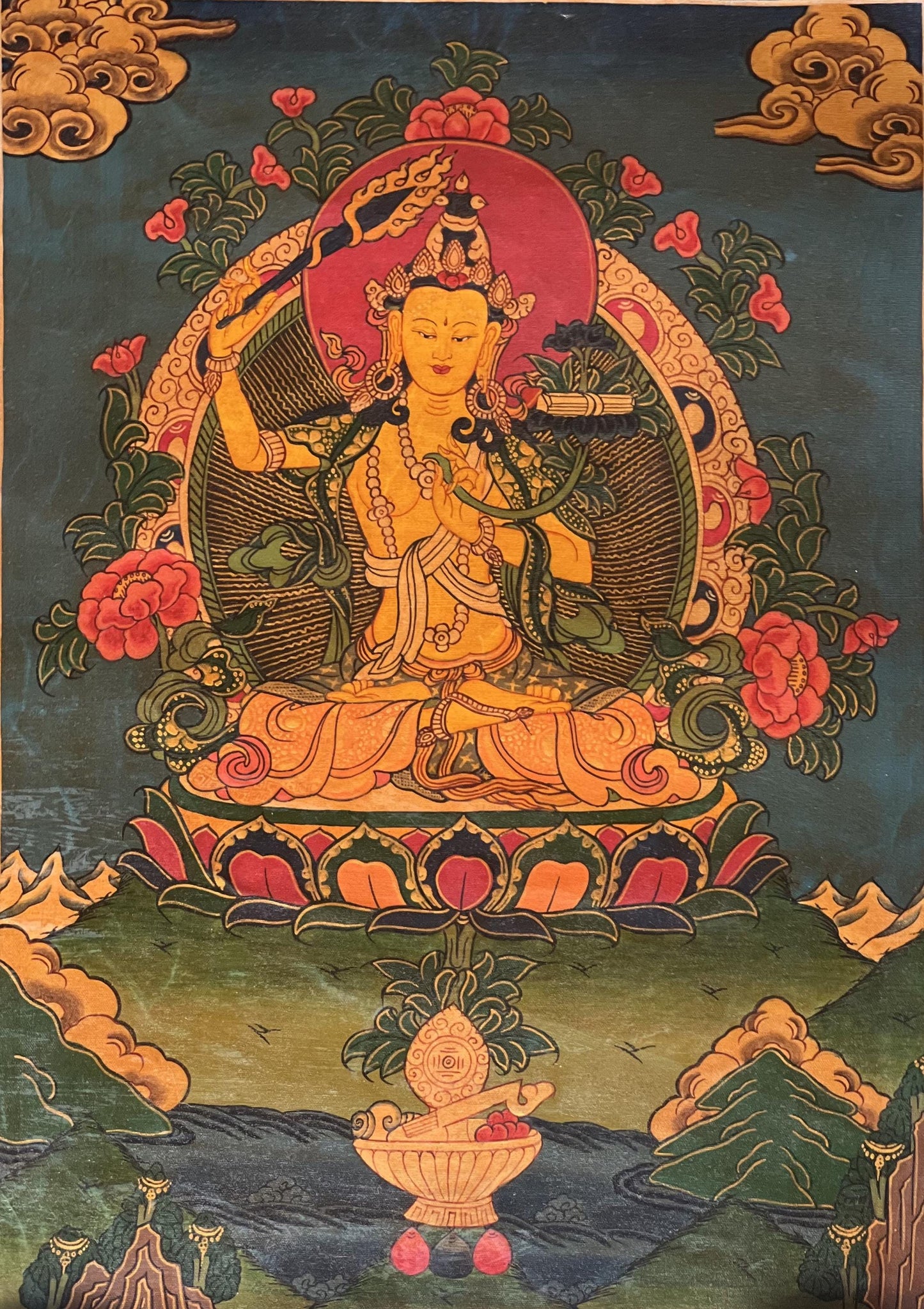 Hand-Painted Manjushri Bodhisattva Thangka Painting with Silk Brocade