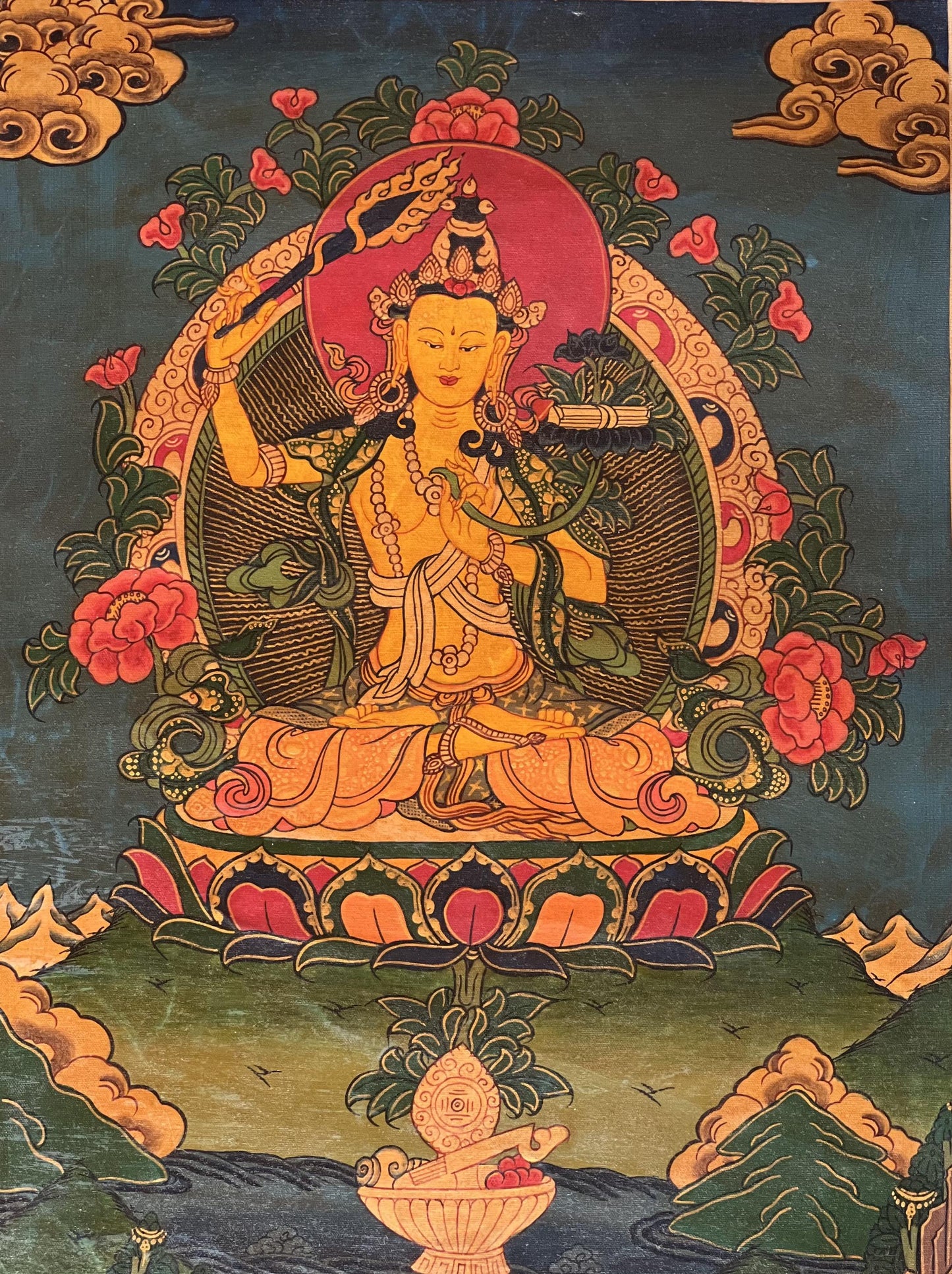 Hand-Painted Manjushri Bodhisattva Thangka Painting with Silk Brocade