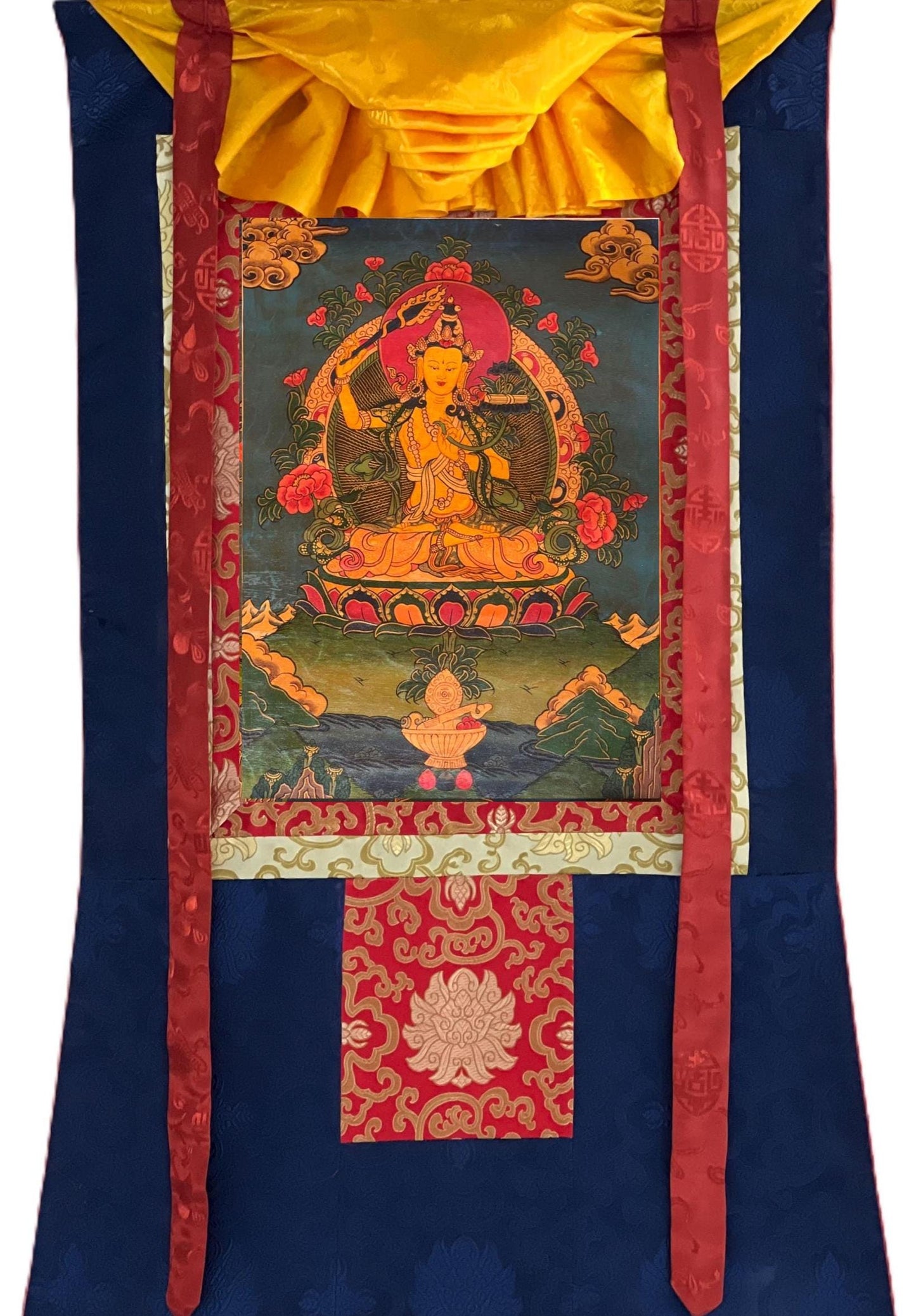 Hand-Painted Manjushri Bodhisattva Thangka Painting with Silk Brocade
