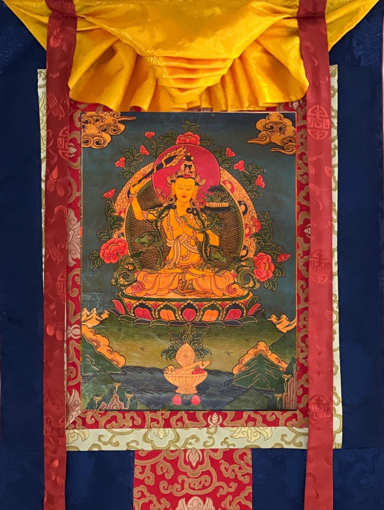 Hand-Painted Manjushri Bodhisattva Thangka Painting with Silk Brocade