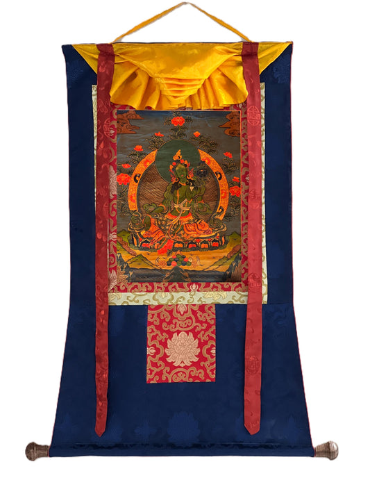 Hand-Painted Green Tara Thangka with Silk Brocade – Tibetan Art