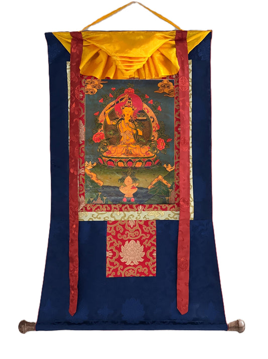 Hand-Painted Manjushri Bodhisattva Thangka Painting with Silk Brocade