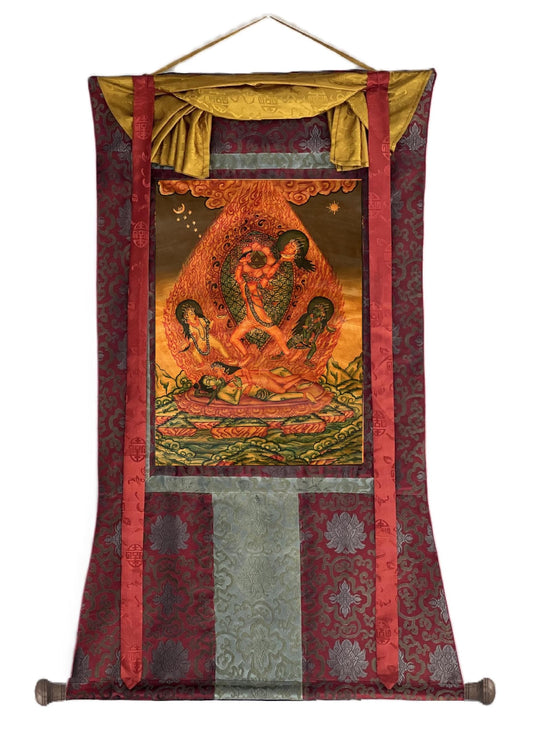 Hand-Painted Chhinnamasta Thangka | Hindu-Buddhist Tantric Art with Silk Brocade